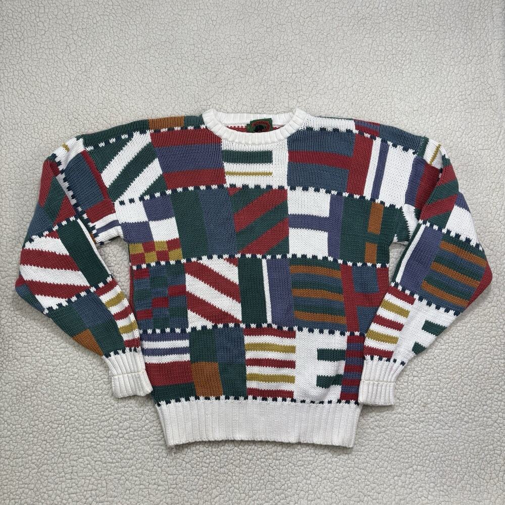 Vintage 90s Boston Traders‎ Grandpa Sweater Funky Geometric Patchwork Size XL